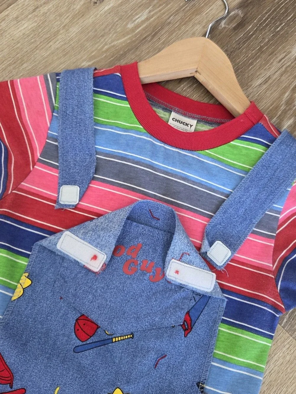 Chucky Good Guys Girls Costume Sz Lg Velcro Suspenders Stripes Cosplay Overalls